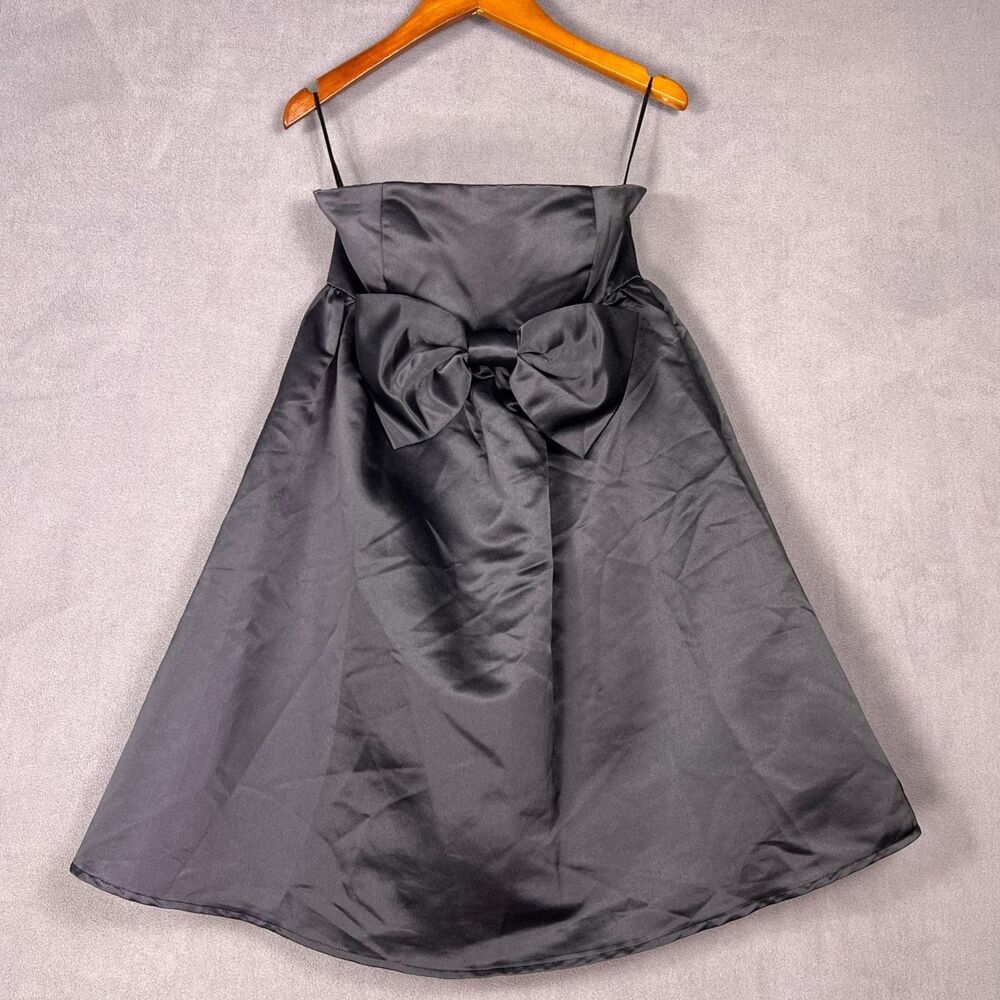 Vintage CCT Styles Black Satin Strapless Cocktail Dress Front Bow Womens Size XS